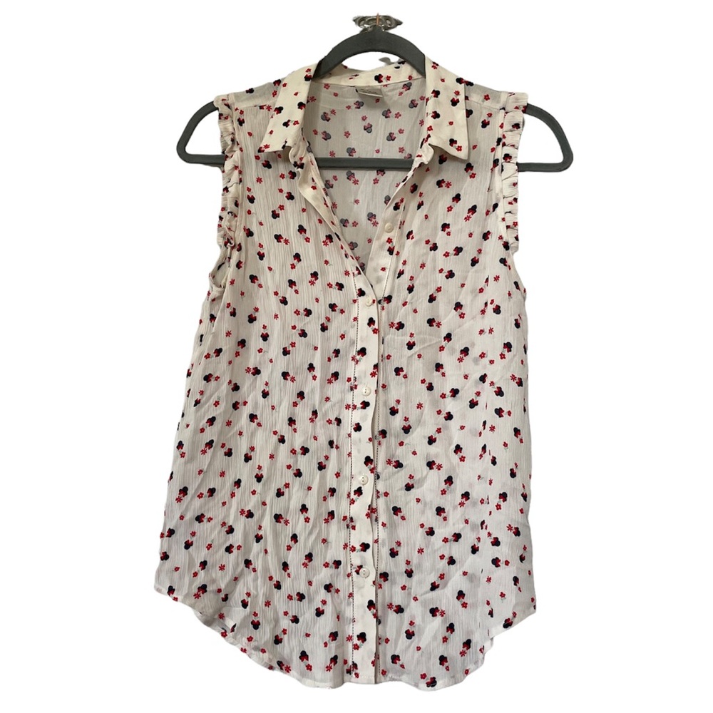 LC Lauren Conrad White and Red Floral Sleeveless Blouse